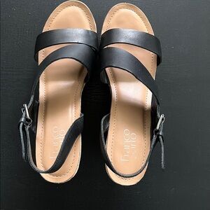 Franco Sarto Black Leather Cork Wedge Sandals